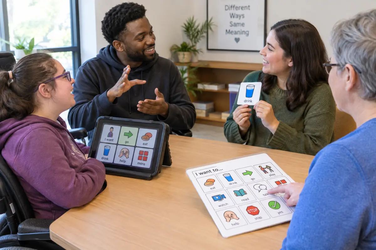 A group communicates using speech, gestures, an AAC device, and picture communication cards around a table.
