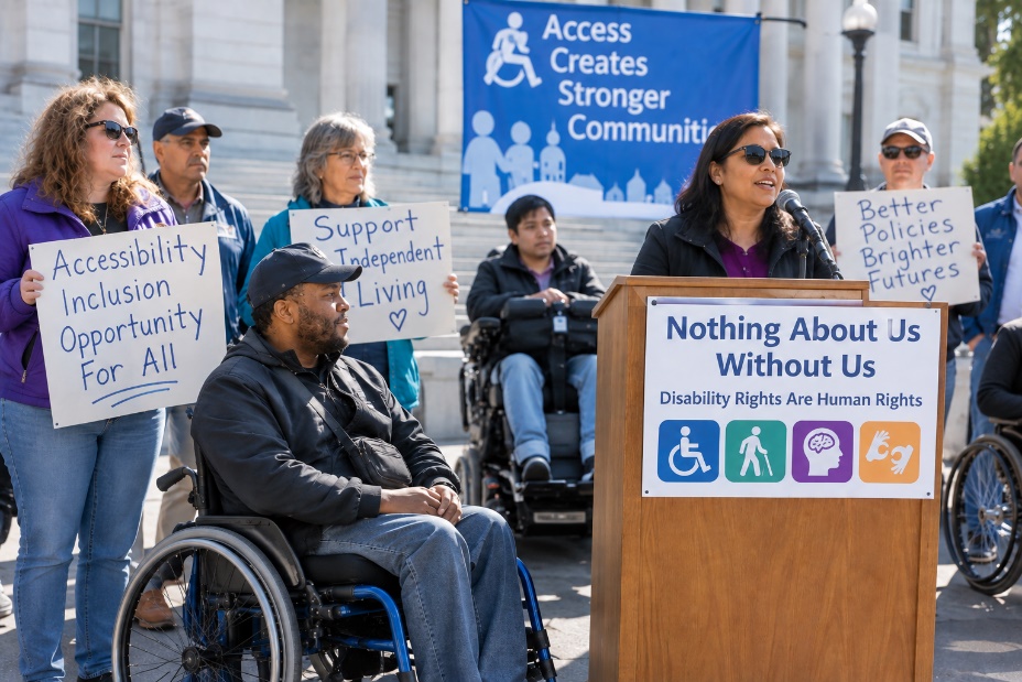 Disability advocates speak at a public rally while holding signs about accessibility and opportunity.